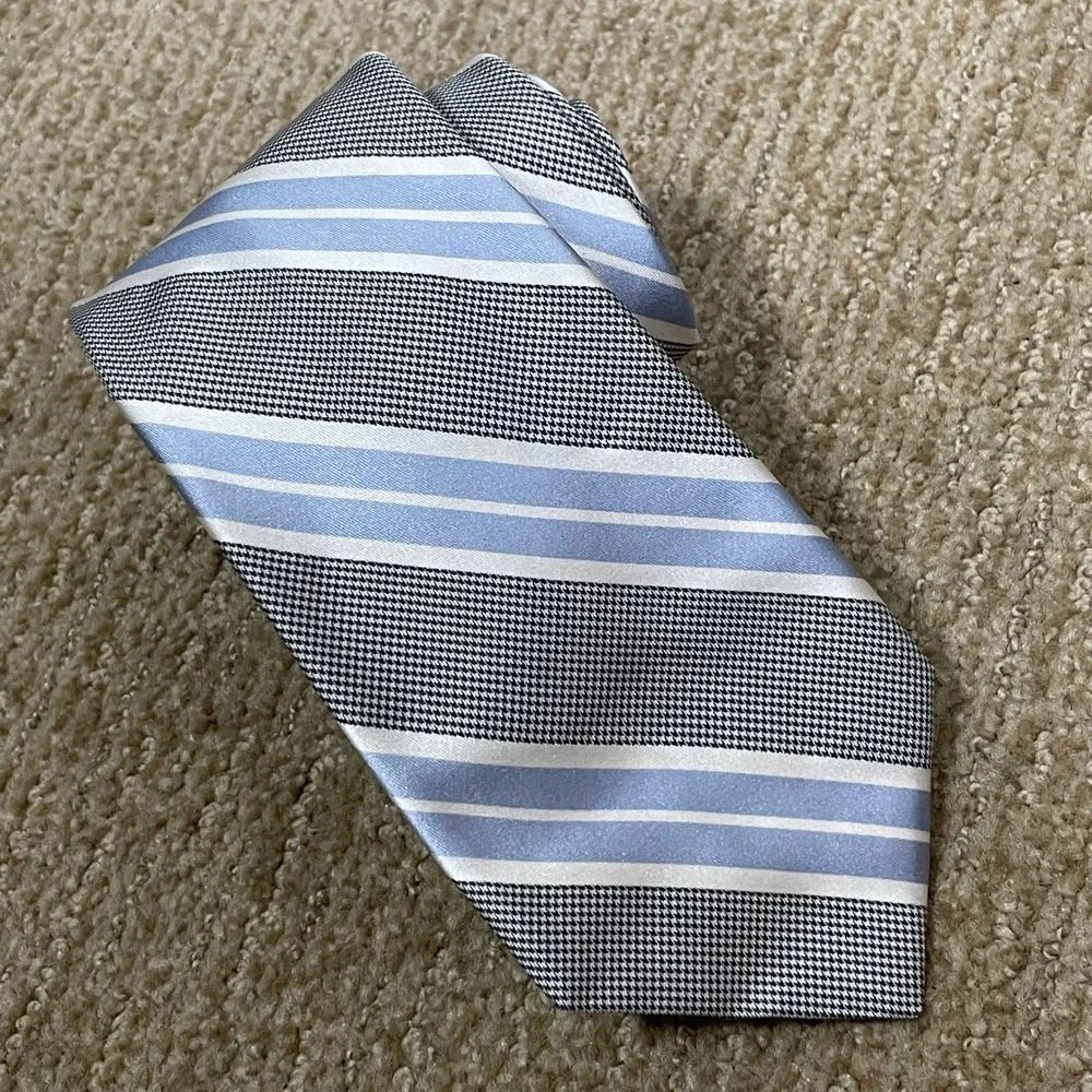 Ike Behar Silk Tie Wedding Formal Blue White Black Striped Hand Tailored USA